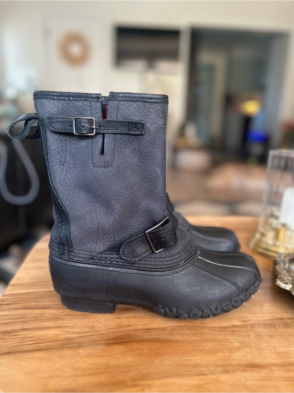 L.L. Bean black leather rubber boot Size 7 Made in USA flannel lined